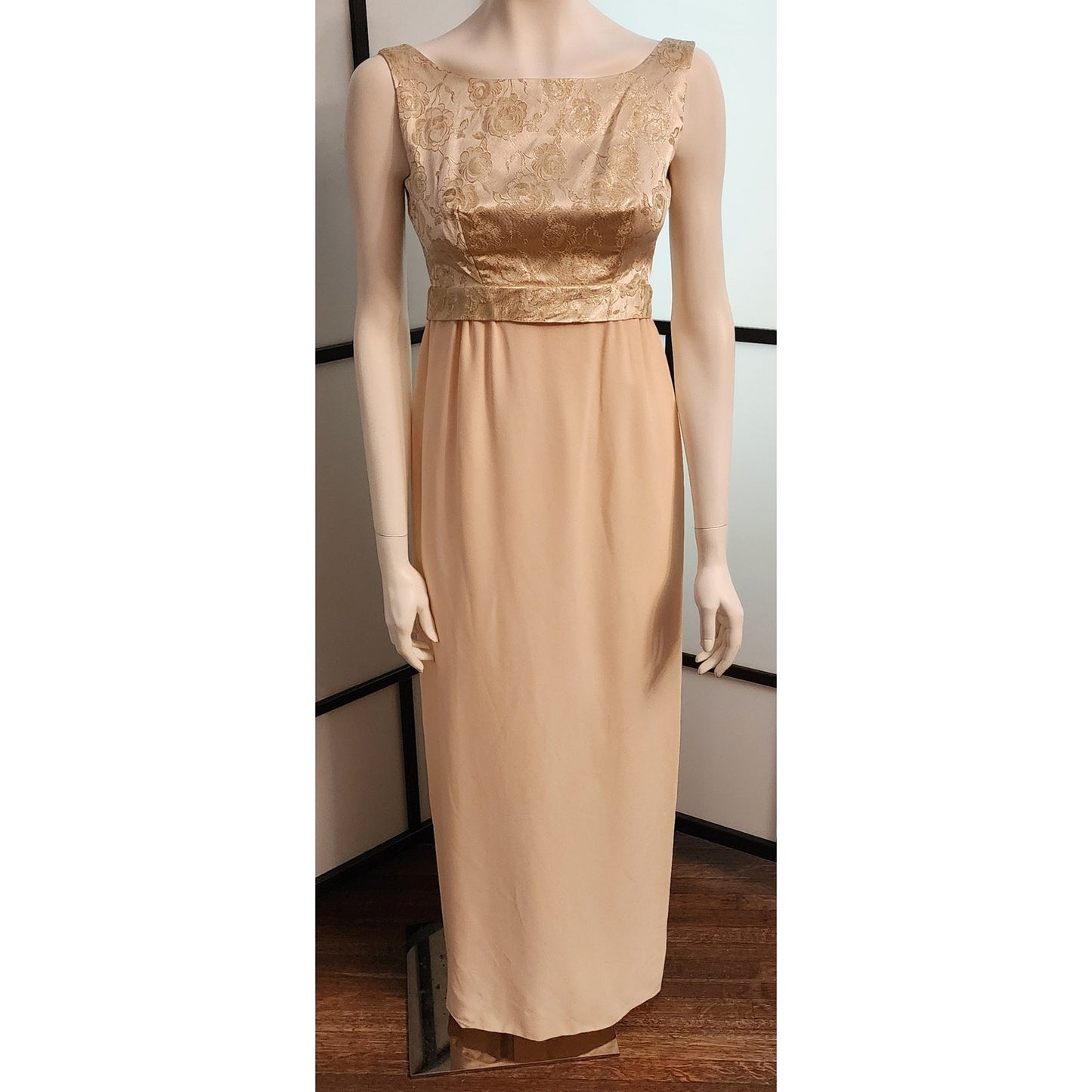 Vintage Long Gown 1960s Gold Metallic Floral Brocade Empire Waist Gown Cream Rayon Crepe Skirt Back Bow Mid Century Glamor S