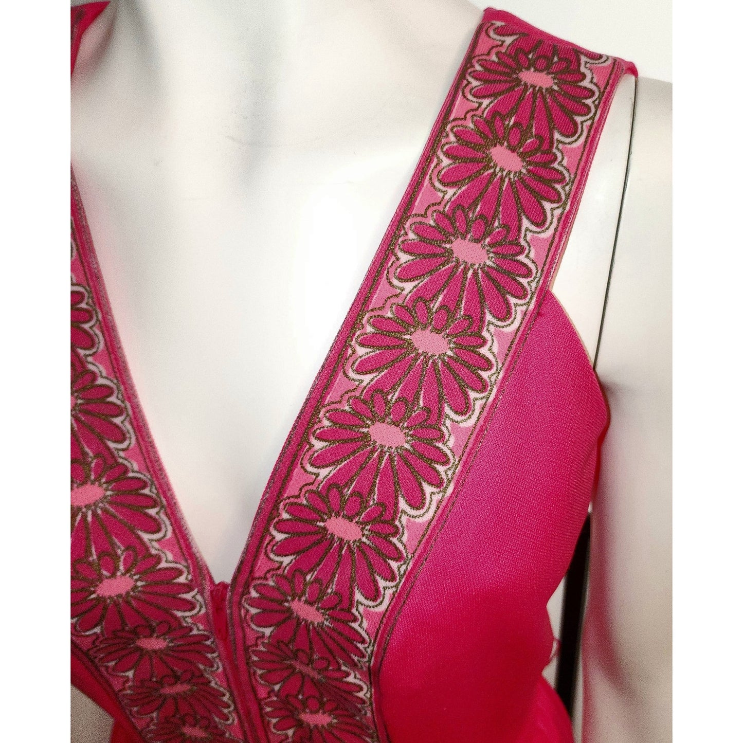 Vintage Shaheen Dress 60s 70s Long Pink Alfreed Shaheen Zip Front Long Gown Floral Screenprint Trim Maxidress Hostess Dress Mid Century M L