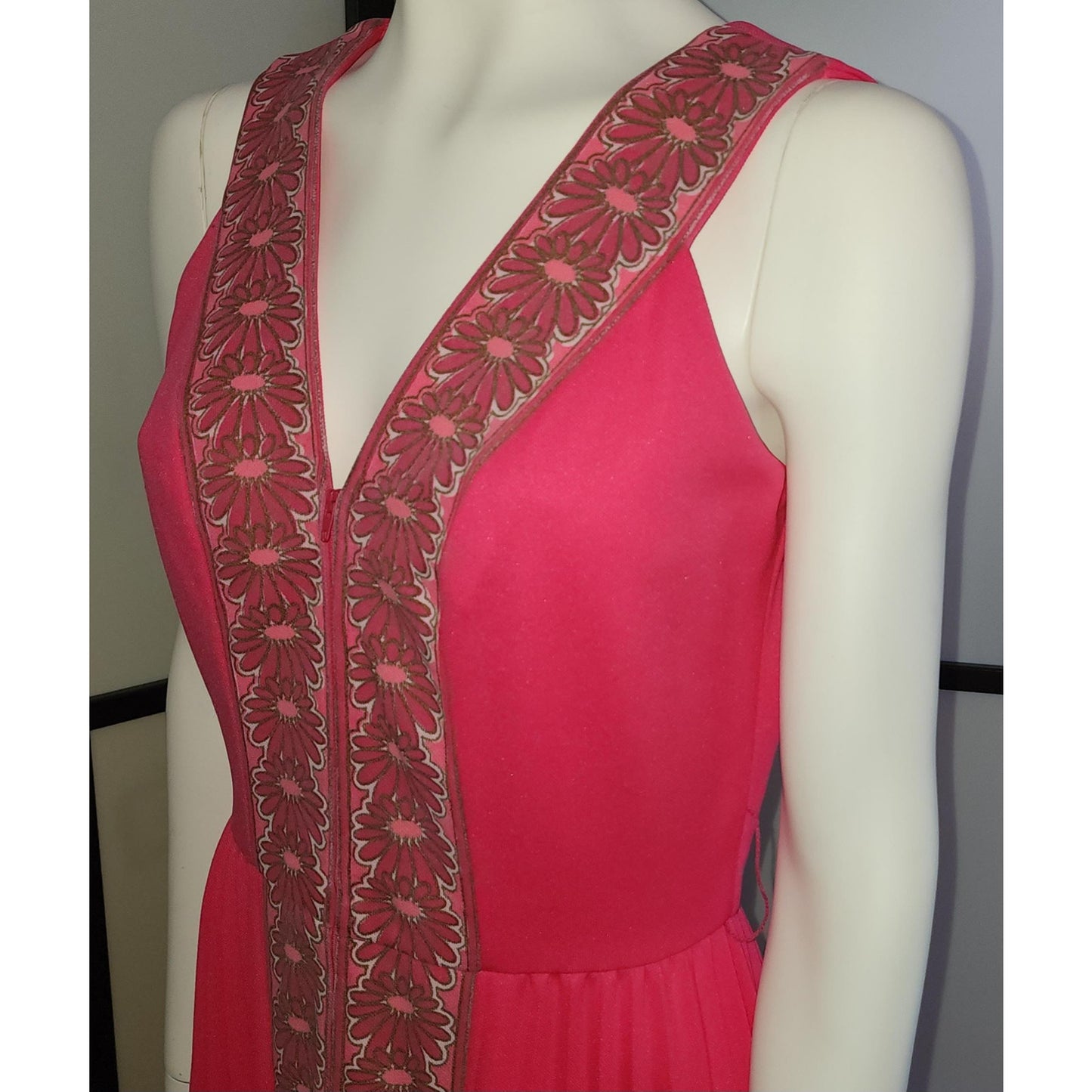Vintage Shaheen Dress 60s 70s Long Pink Alfreed Shaheen Zip Front Long Gown Floral Screenprint Trim Maxidress Hostess Dress Mid Century M L