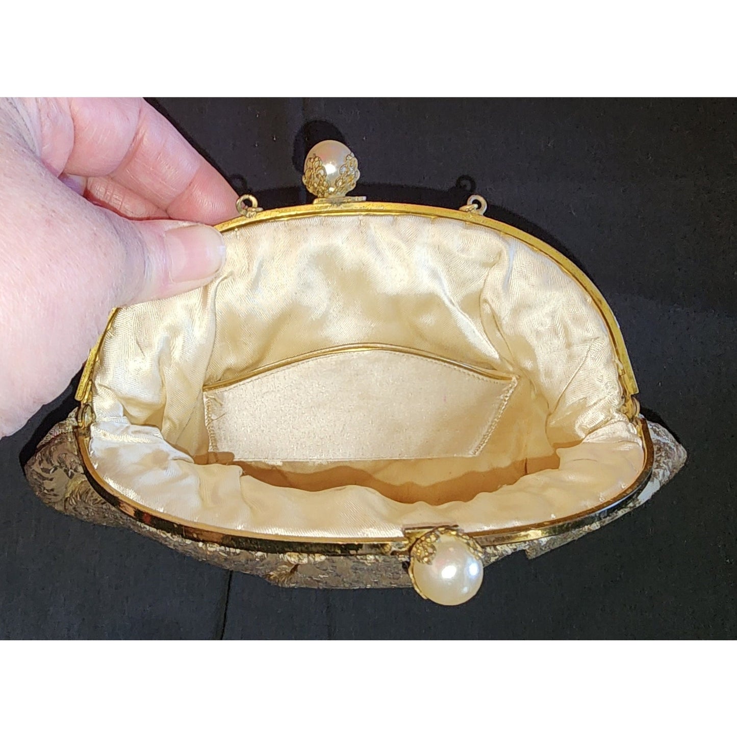 Vintage Brocade Purse 1930s Small Gold Metallic Satin Brocade Purse Evening Bag Fine Chain Handle Large Pearl Clasp Art Deco