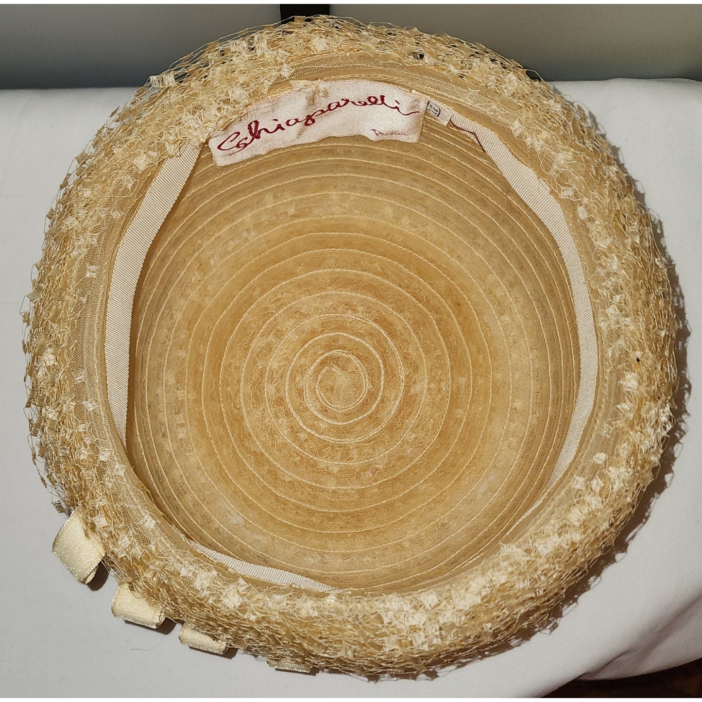 Vintage Schiaparelli Hat 1950s 60s Round Light Yellow Beige Net Tulle Confetti Beehive Bubble Hat Velvet Bows Mid Century Designer 22 in.