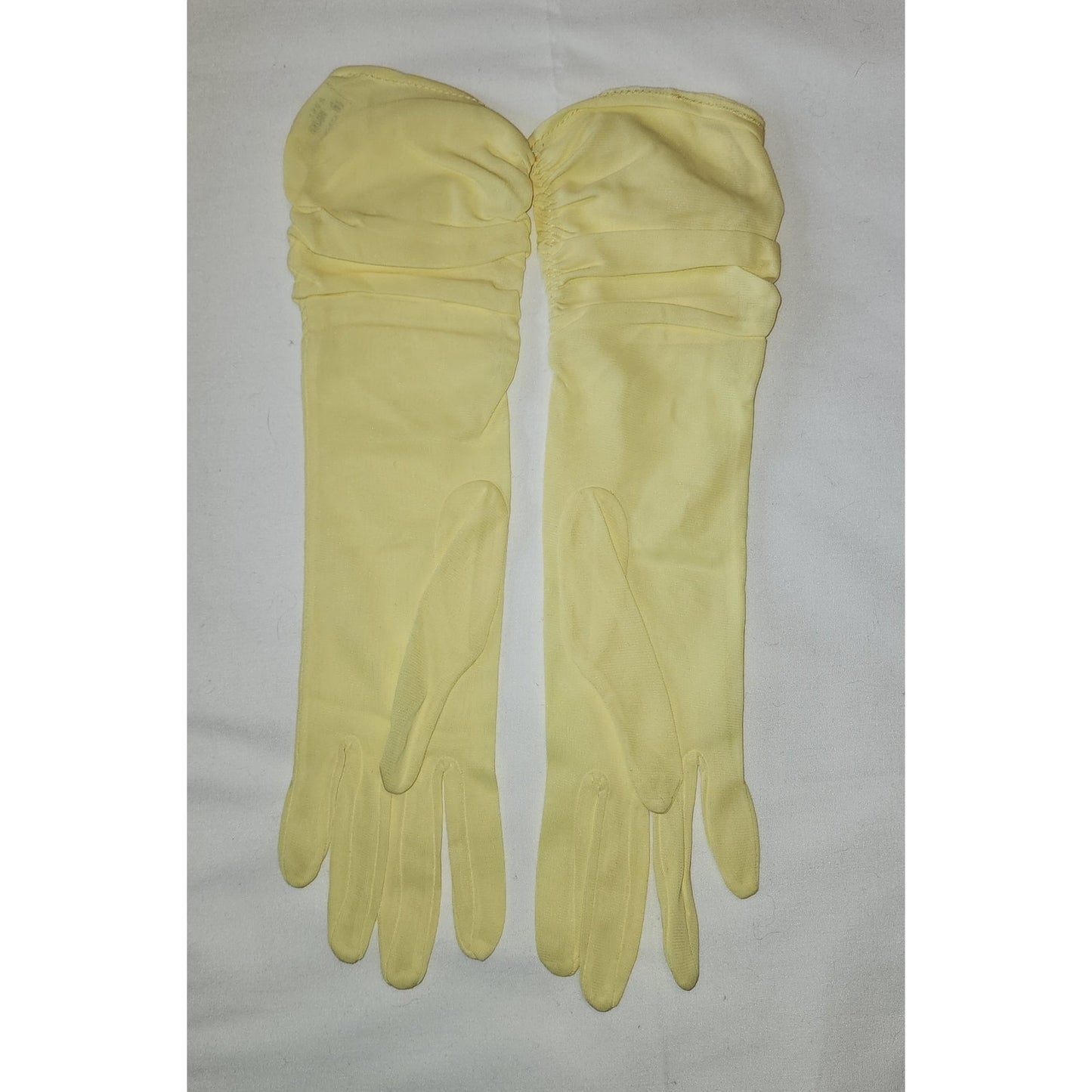 Unworn Vintage Gloves 1950s Long Bright Yellow Ruched Nylon Elbow Gloves Mid Century 6 1/2