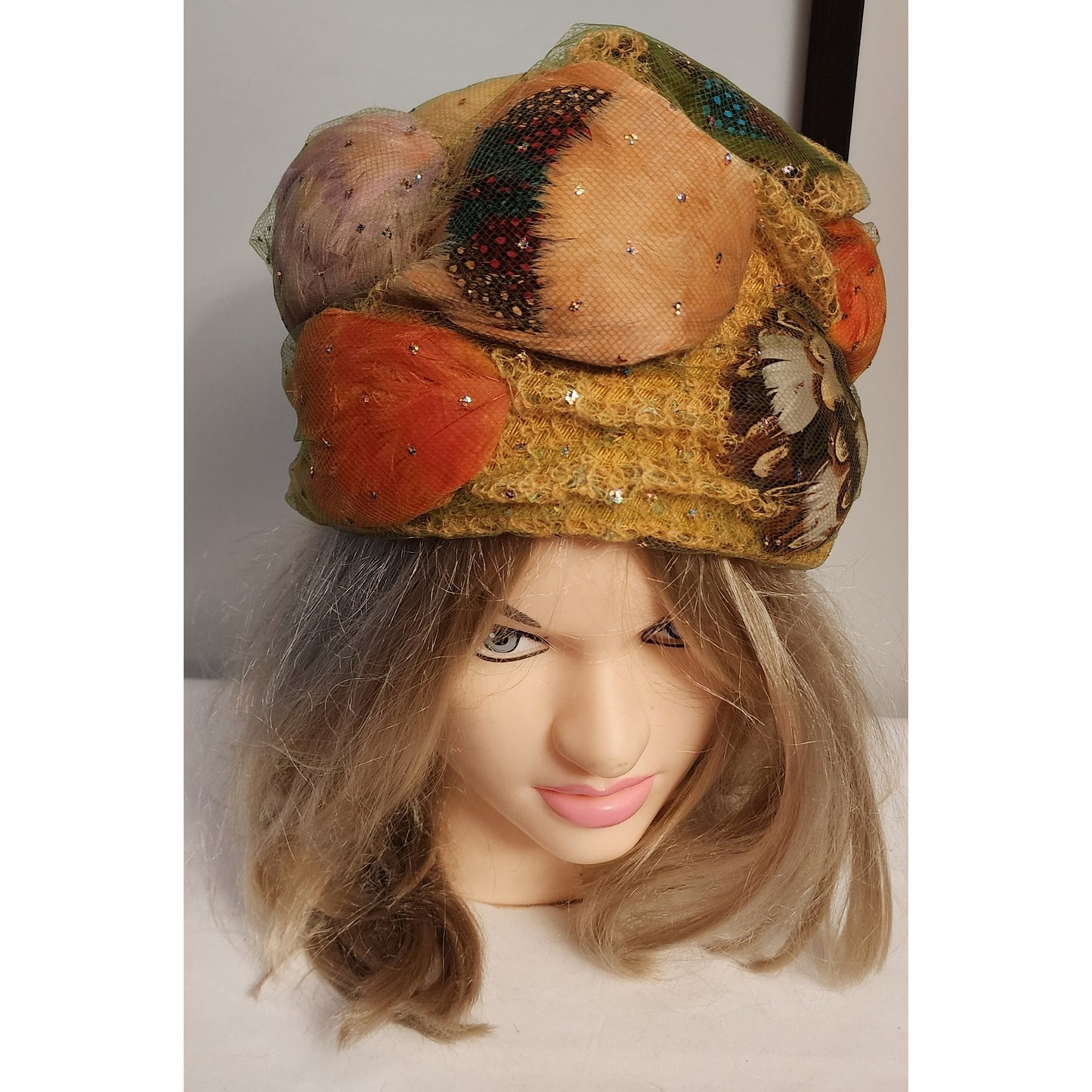 Vintage Bubble Hat 1960s Tall Yellow Green Orange Tulle Net Glitter Feather Turban Hat Coralie Mid Century Mod 22 in.