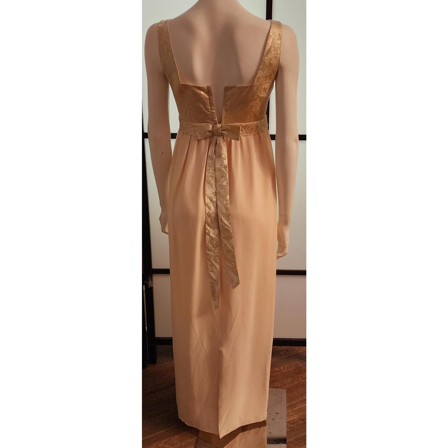 Vintage Long Gown 1960s Gold Metallic Floral Brocade Empire Waist Gown Cream Rayon Crepe Skirt Back Bow Mid Century Glamor S