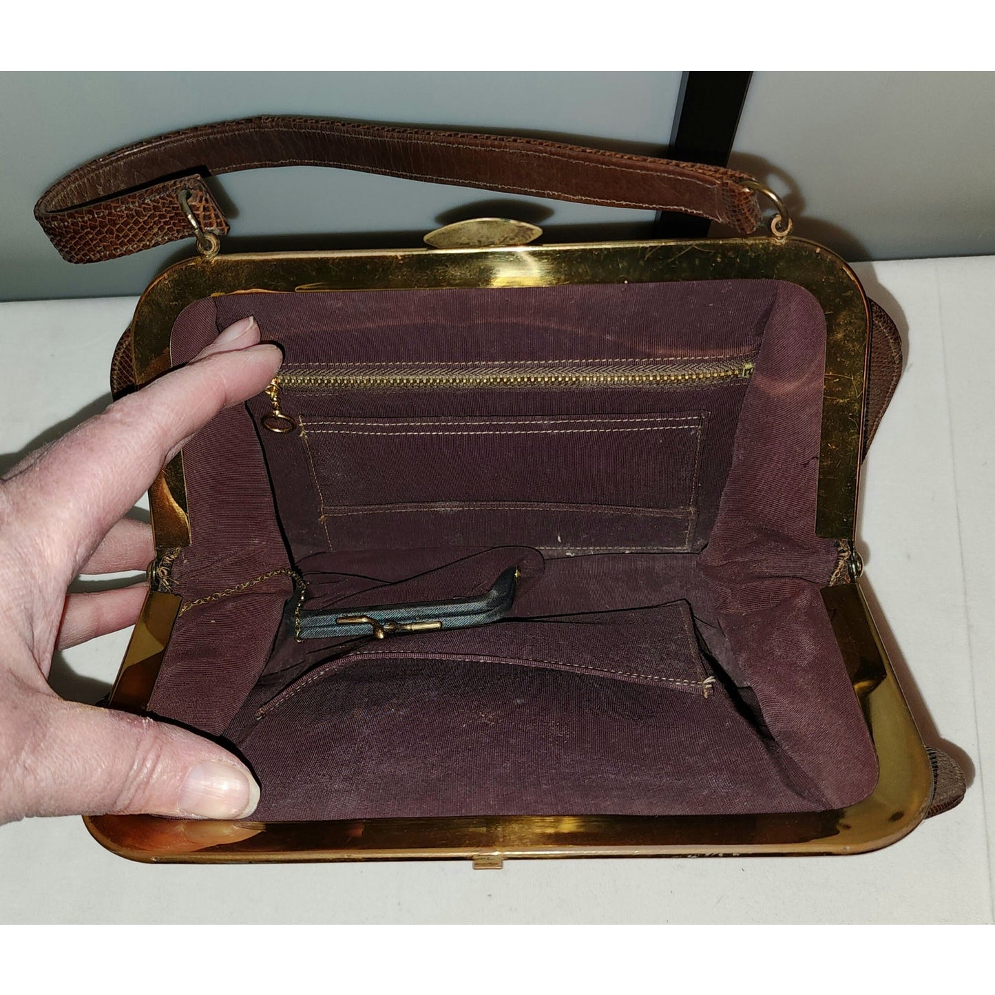 Vintage Shoes Purse Set 1950s Brown Lizard Skin Stiletto Heel Pumps Small Top Handle Purse Mid Century Reptile Skin Set 7 1/2 AAA