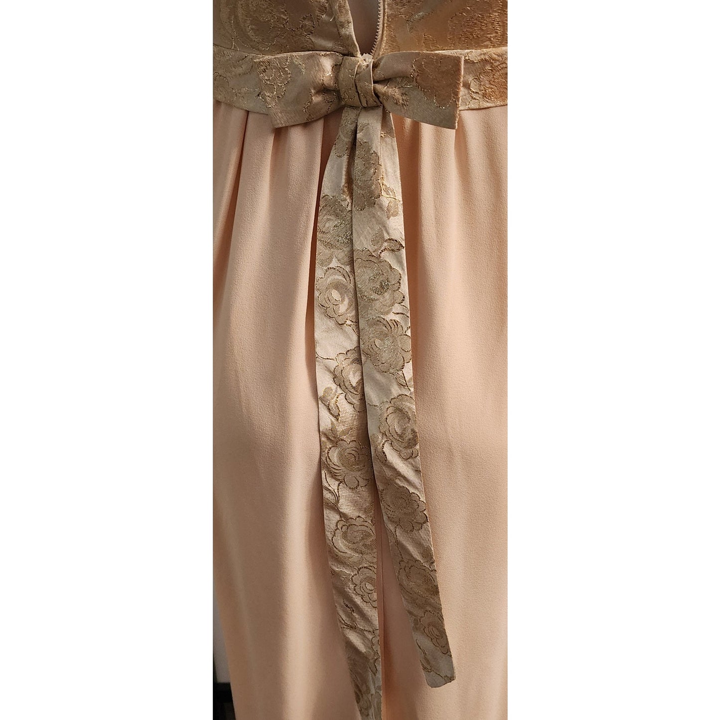 Vintage Long Gown 1960s Gold Metallic Floral Brocade Empire Waist Gown Cream Rayon Crepe Skirt Back Bow Mid Century Glamor S