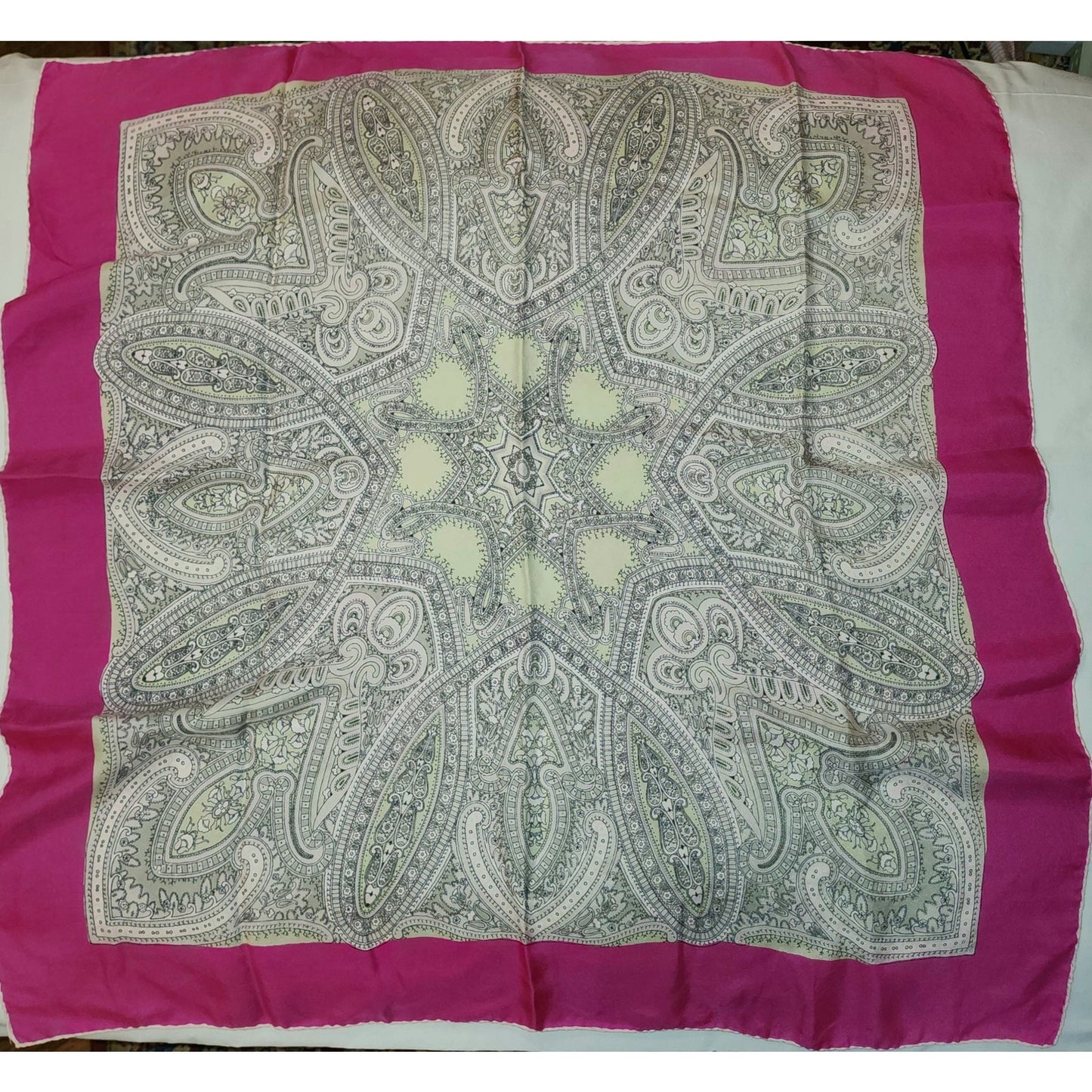 Vintage Silk Scarf 1940s 50s Pink Edge Silk Paisley Medallion Print Scarf Hand Rolled Edges Mid Century Boho 28.5 x 31 in.