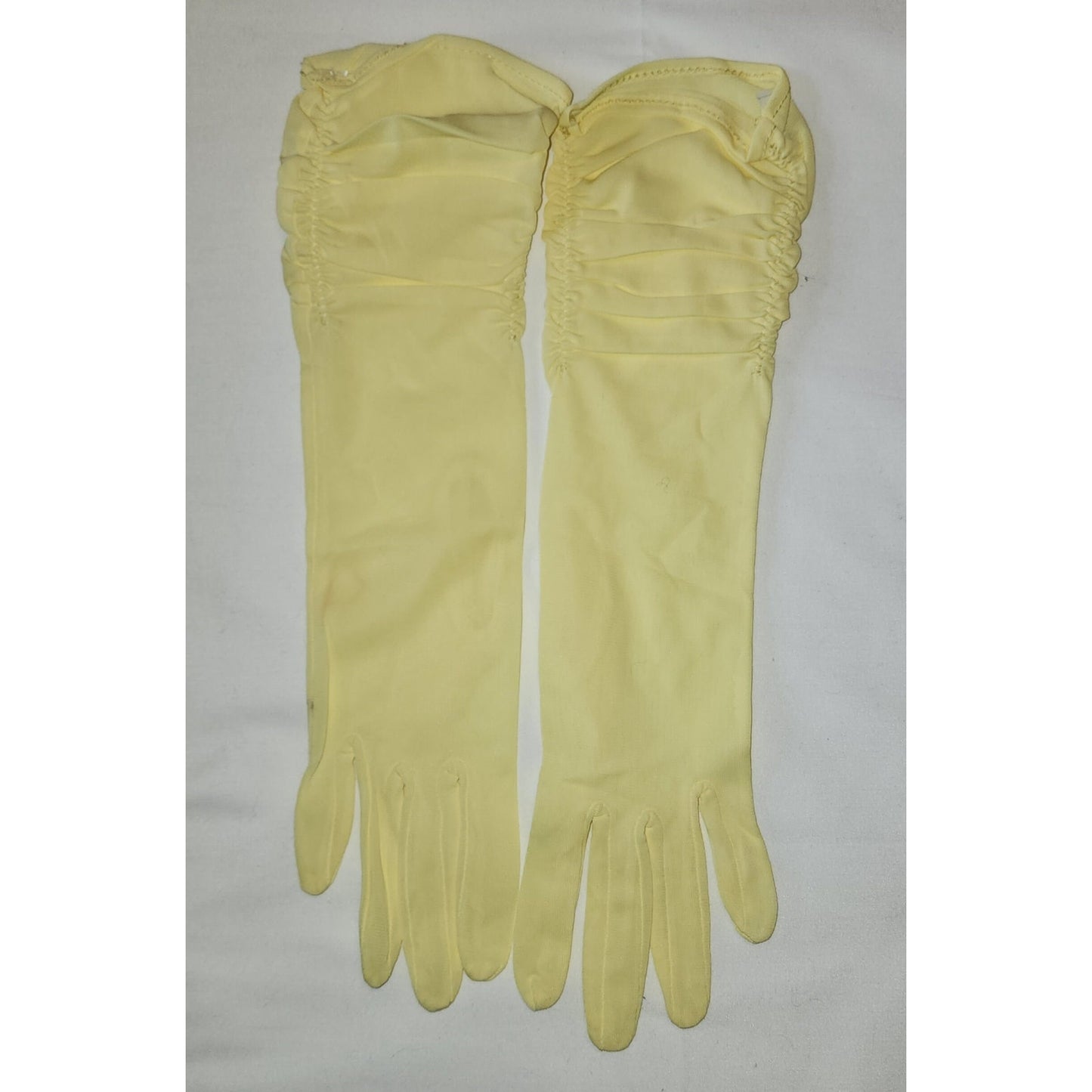 Unworn Vintage Gloves 1950s Long Bright Yellow Ruched Nylon Elbow Gloves Mid Century 6 1/2
