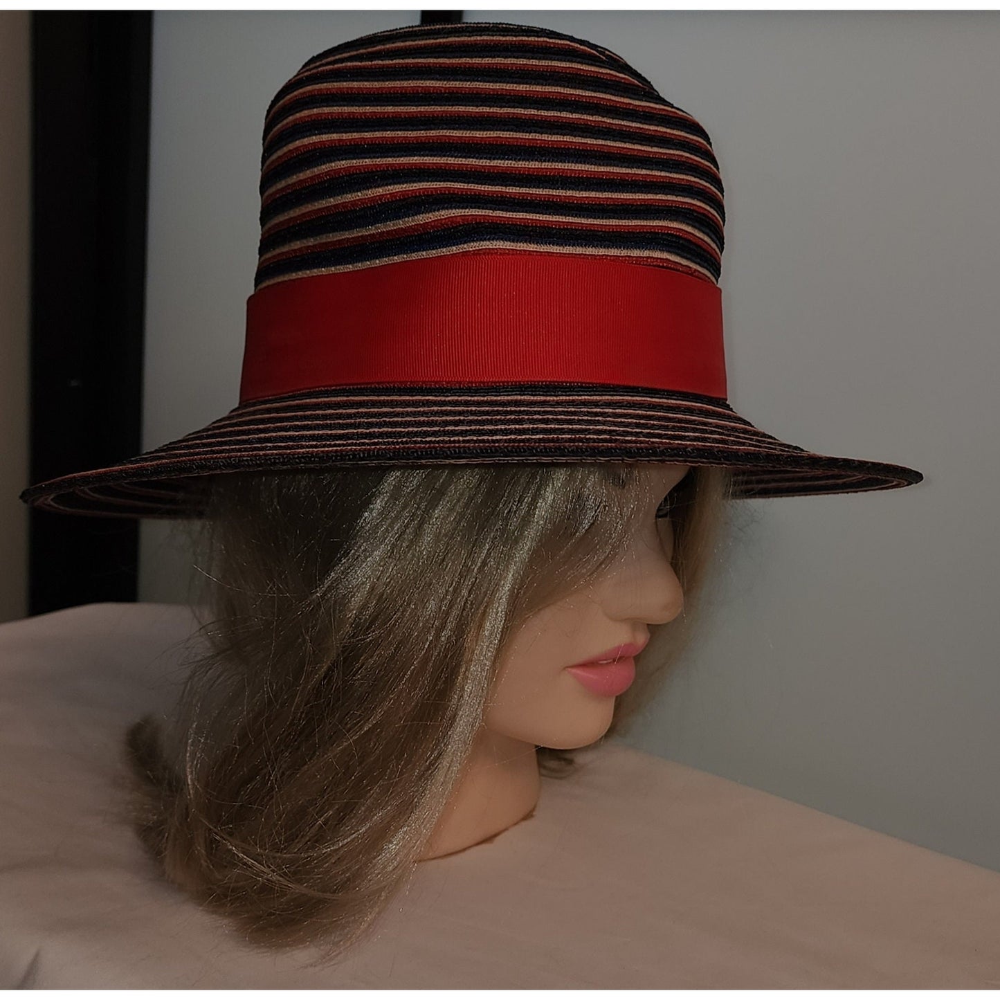 Vintage 1950s 60s Hat Red Beige Blue Striped Wide Brim Straw Hat Sun Hat Ribbons Mr John Mid Century Mod 21.5 in.
