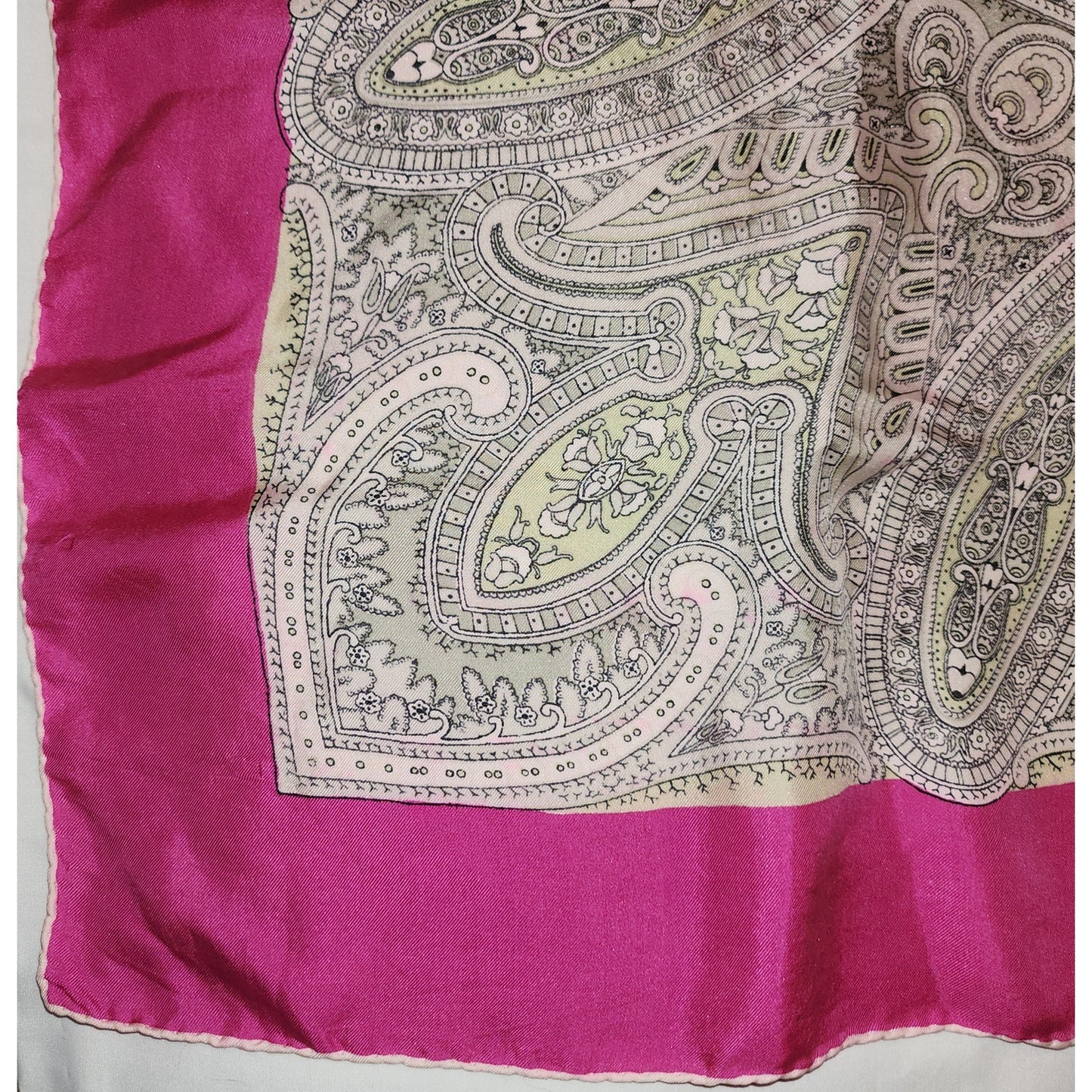 Vintage Silk Scarf 1940s 50s Pink Edge Silk Paisley Medallion Print Scarf Hand Rolled Edges Mid Century Boho 28.5 x 31 in.