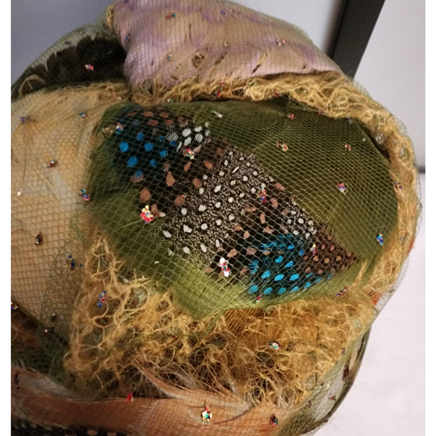 Vintage Bubble Hat 1960s Tall Yellow Green Orange Tulle Net Glitter Feather Turban Hat Coralie Mid Century Mod 22 in.