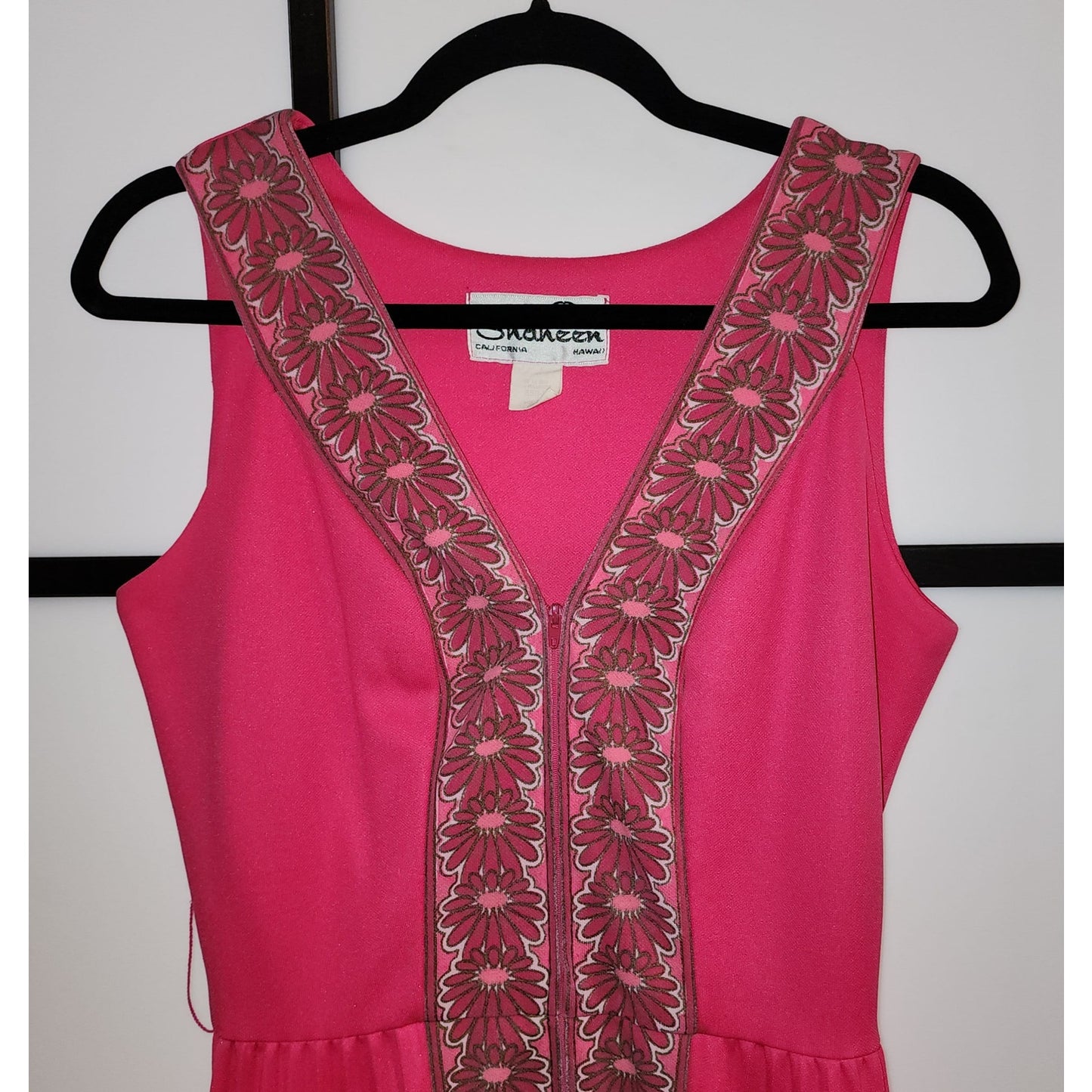 Vintage Shaheen Dress 60s 70s Long Pink Alfreed Shaheen Zip Front Long Gown Floral Screenprint Trim Maxidress Hostess Dress Mid Century M L