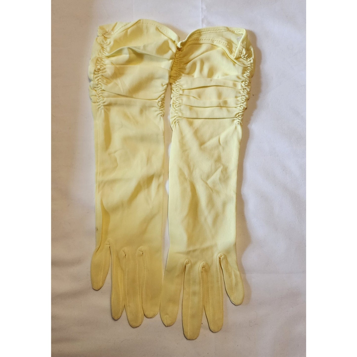 Unworn Vintage Gloves 1950s Long Bright Yellow Ruched Nylon Elbow Gloves Mid Century 6 1/2