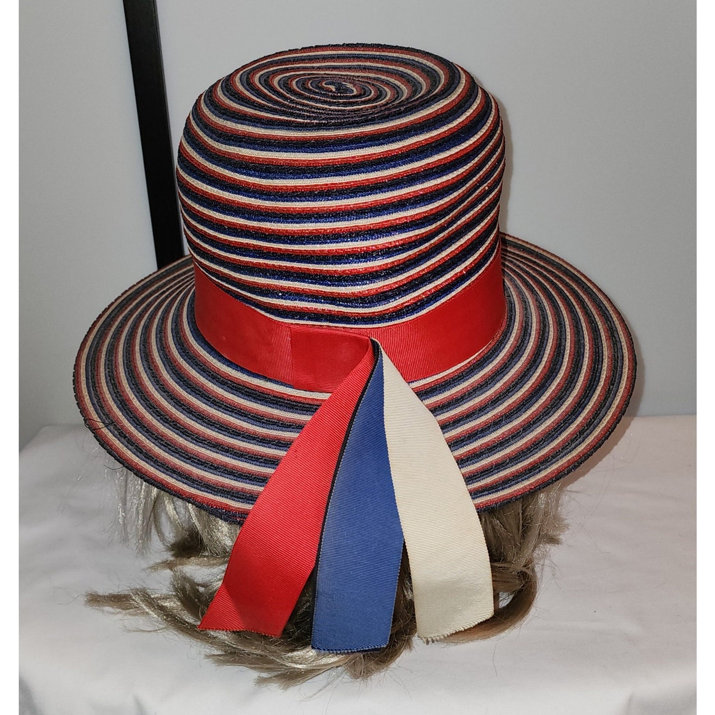 Vintage 1950s 60s Hat Red Beige Blue Striped Wide Brim Straw Hat Sun Hat Ribbons Mr John Mid Century Mod 21.5 in.