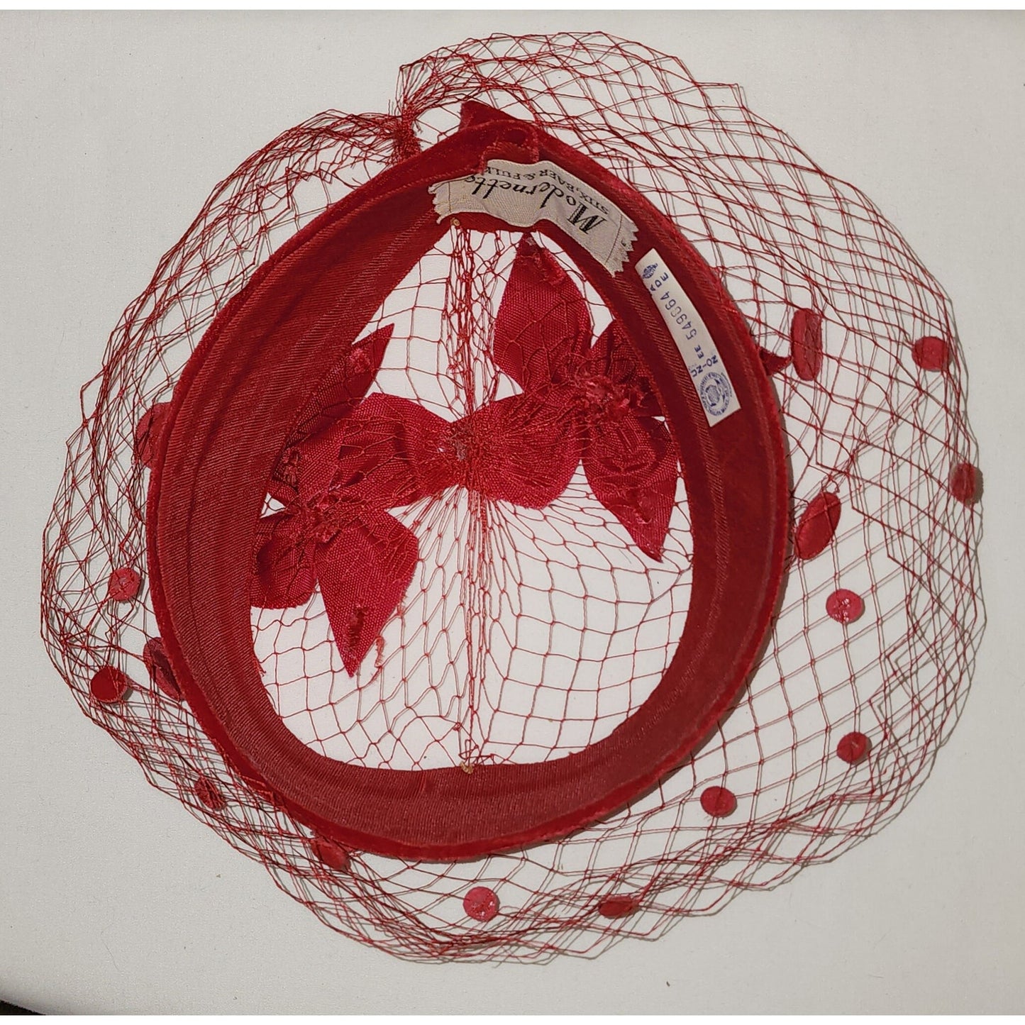 Vintage Ring Hat 1950s 60s Red Velvet Ring Hat Net Veil Lg Velvet Dots Bows Mid Century