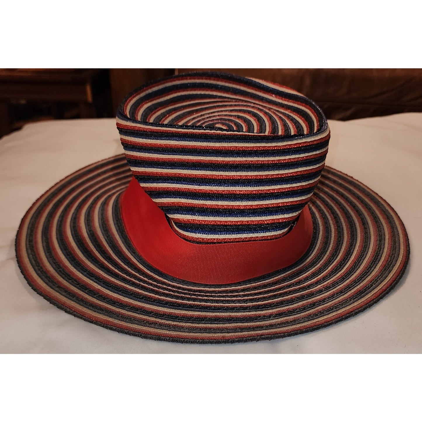 Vintage 1950s 60s Hat Red Beige Blue Striped Wide Brim Straw Hat Sun Hat Ribbons Mr John Mid Century Mod 21.5 in.