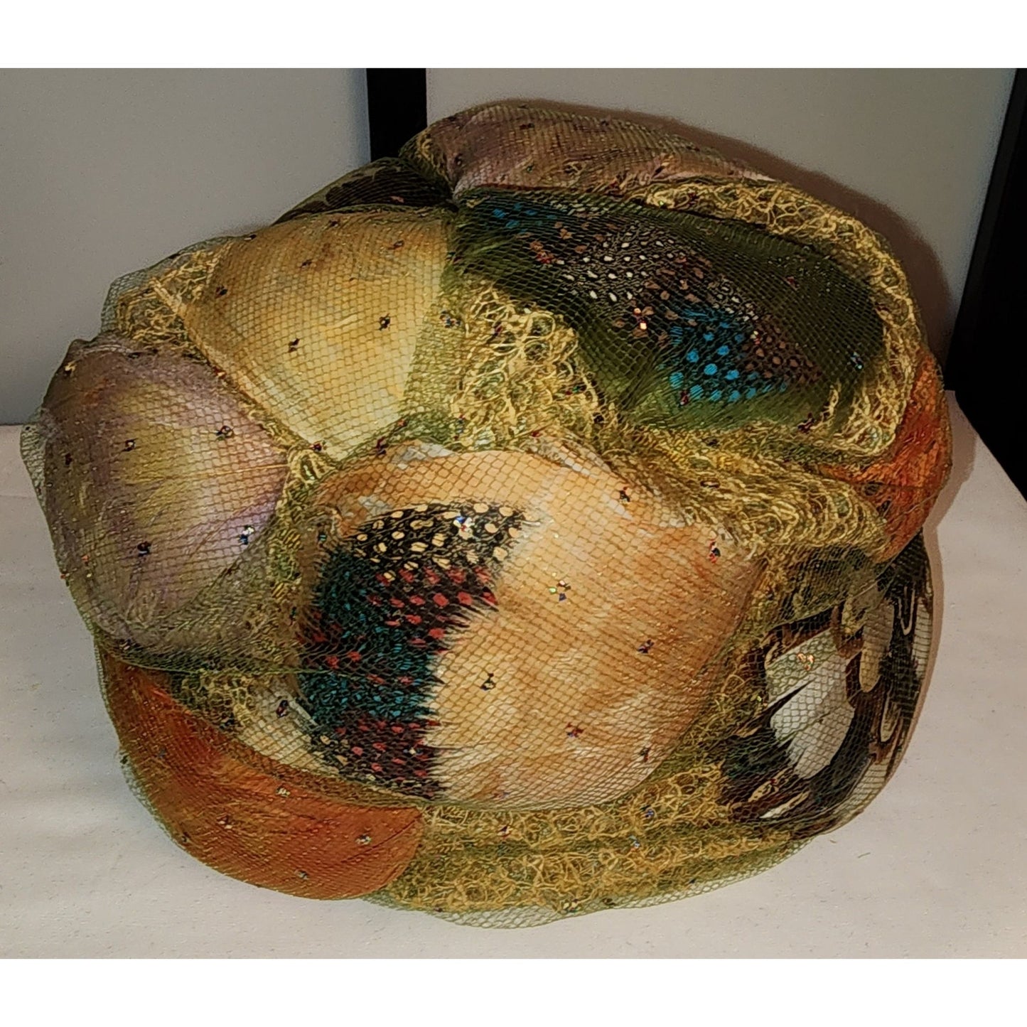 Vintage Bubble Hat 1960s Tall Yellow Green Orange Tulle Net Glitter Feather Turban Hat Coralie Mid Century Mod 22 in.