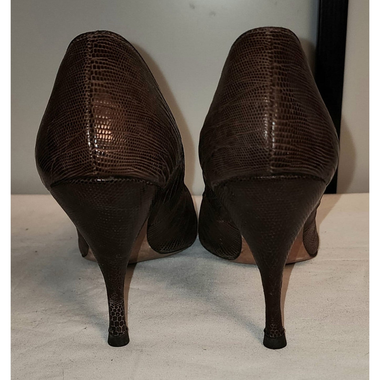 Vintage Shoes Purse Set 1950s Brown Lizard Skin Stiletto Heel Pumps Small Top Handle Purse Mid Century Reptile Skin Set 7 1/2 AAA