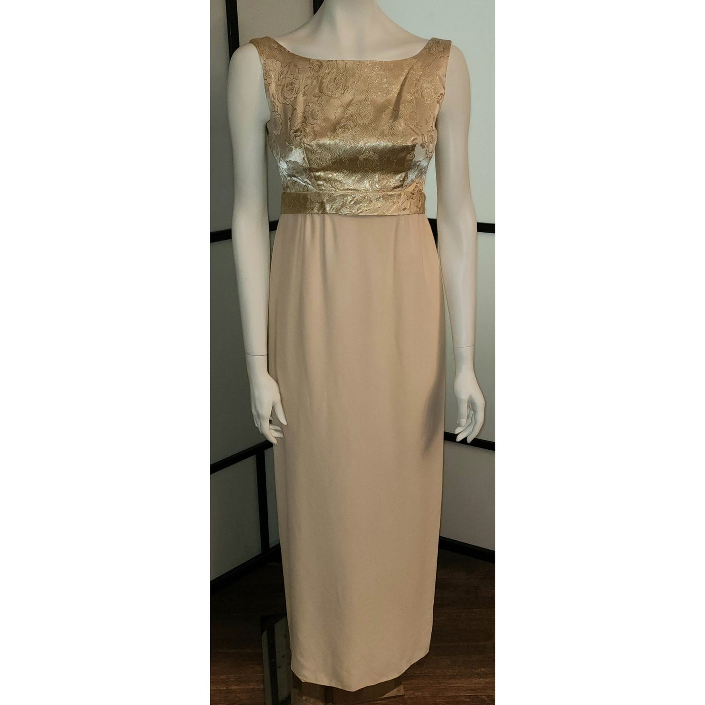 Vintage Long Gown 1960s Gold Metallic Floral Brocade Empire Waist Gown Cream Rayon Crepe Skirt Back Bow Mid Century Glamor S
