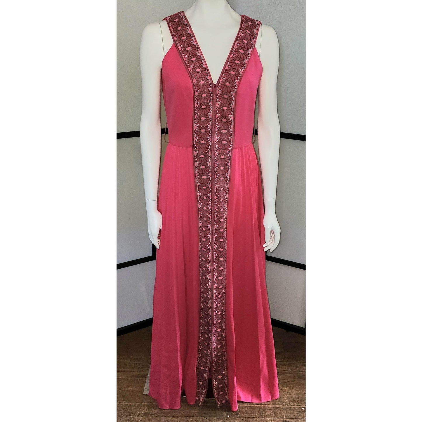 Vintage Shaheen Dress 60s 70s Long Pink Alfreed Shaheen Zip Front Long Gown Floral Screenprint Trim Maxidress Hostess Dress Mid Century M L