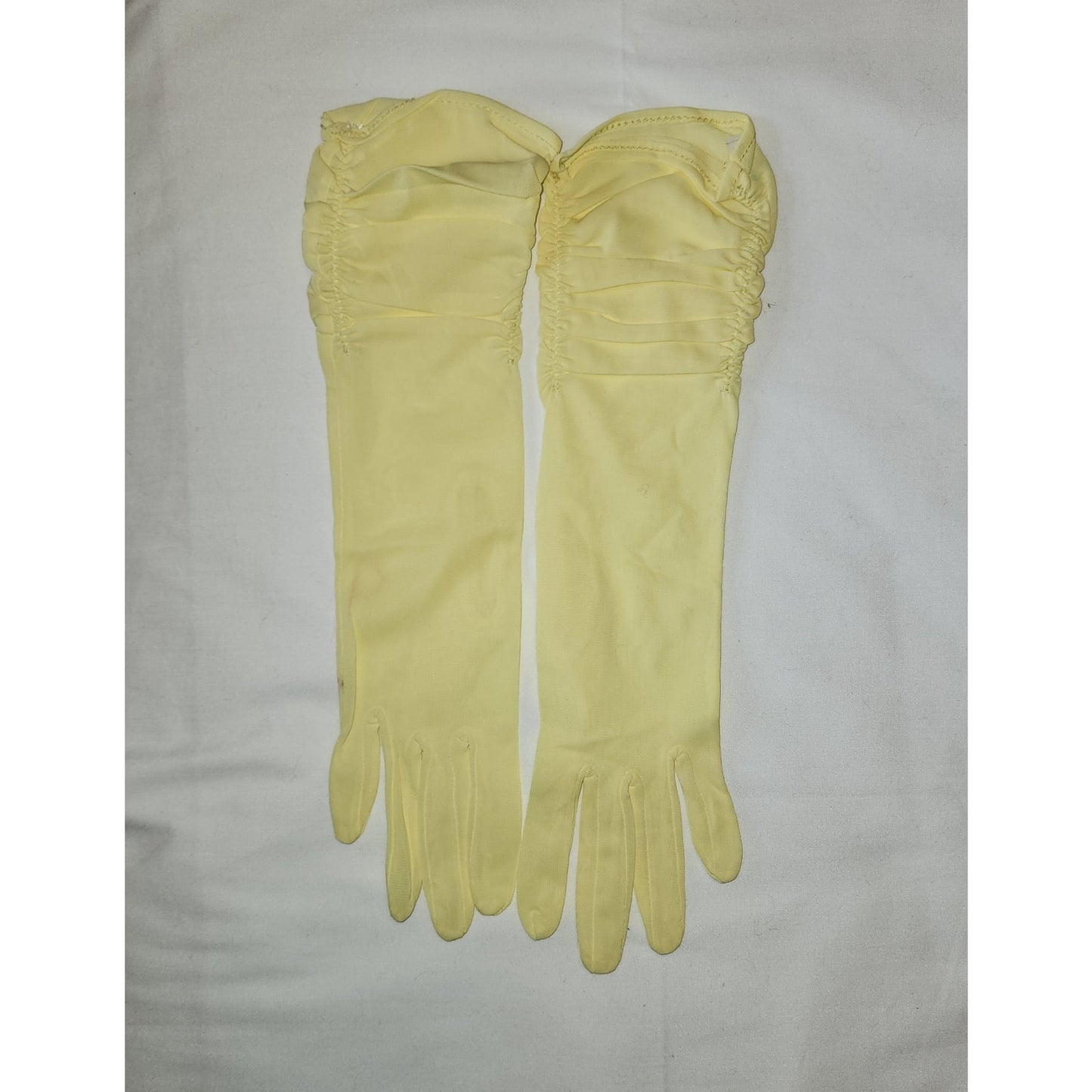Unworn Vintage Gloves 1950s Long Bright Yellow Ruched Nylon Elbow Gloves Mid Century 6 1/2