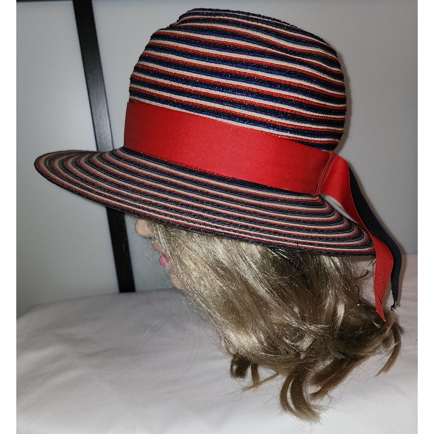 Vintage 1950s 60s Hat Red Beige Blue Striped Wide Brim Straw Hat Sun Hat Ribbons Mr John Mid Century Mod 21.5 in.