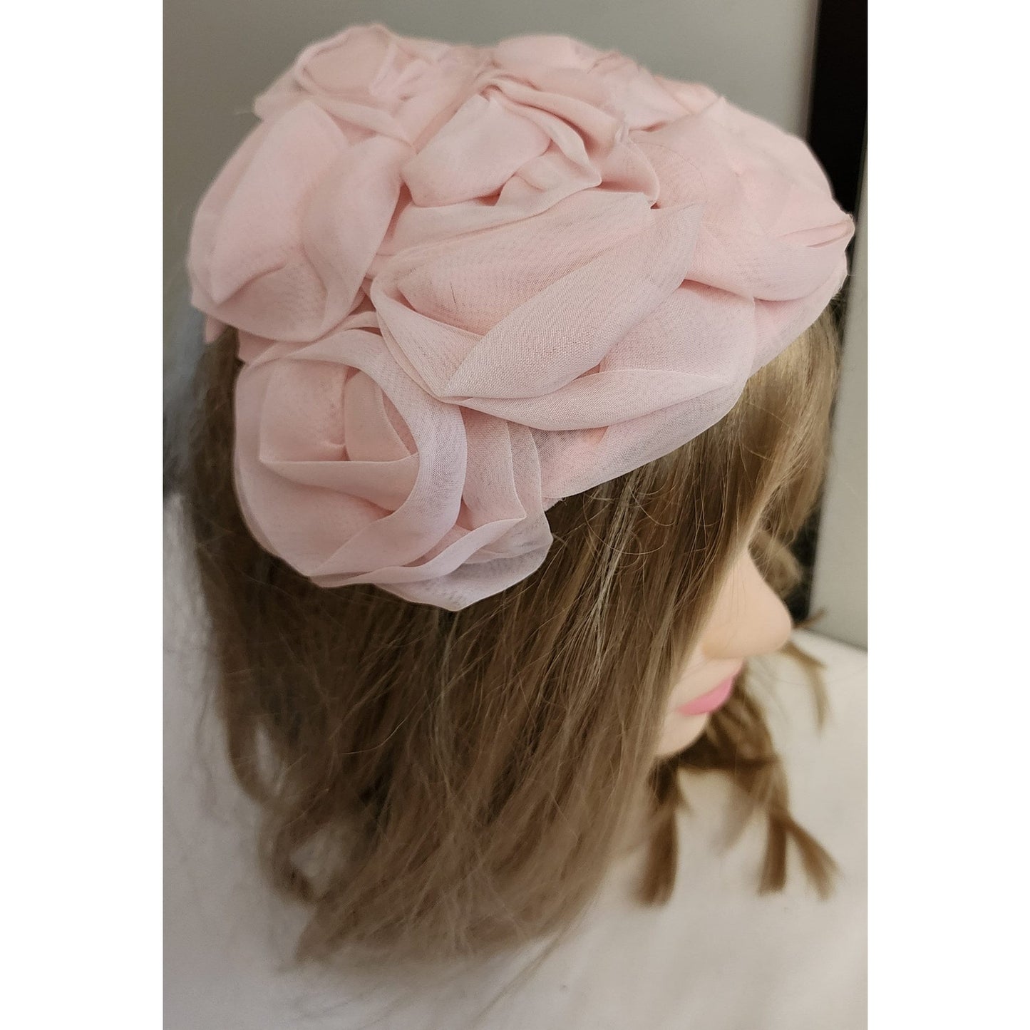 Vintage Floral Hat 1950s Light Pink Nylon Rosette Half Hat Mid Century