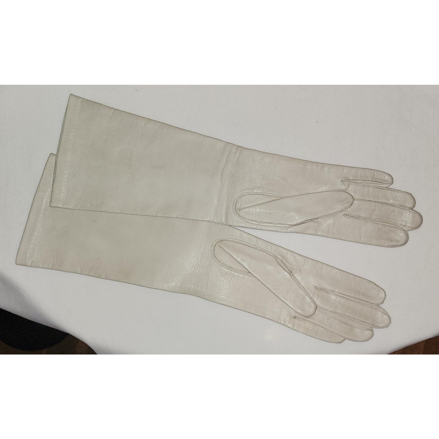 Vintage Leather Gloves 1960s Midlength Light Beige Leather Elbow Gloves Thin Nylon Lining Van Raalte Mid Century 7