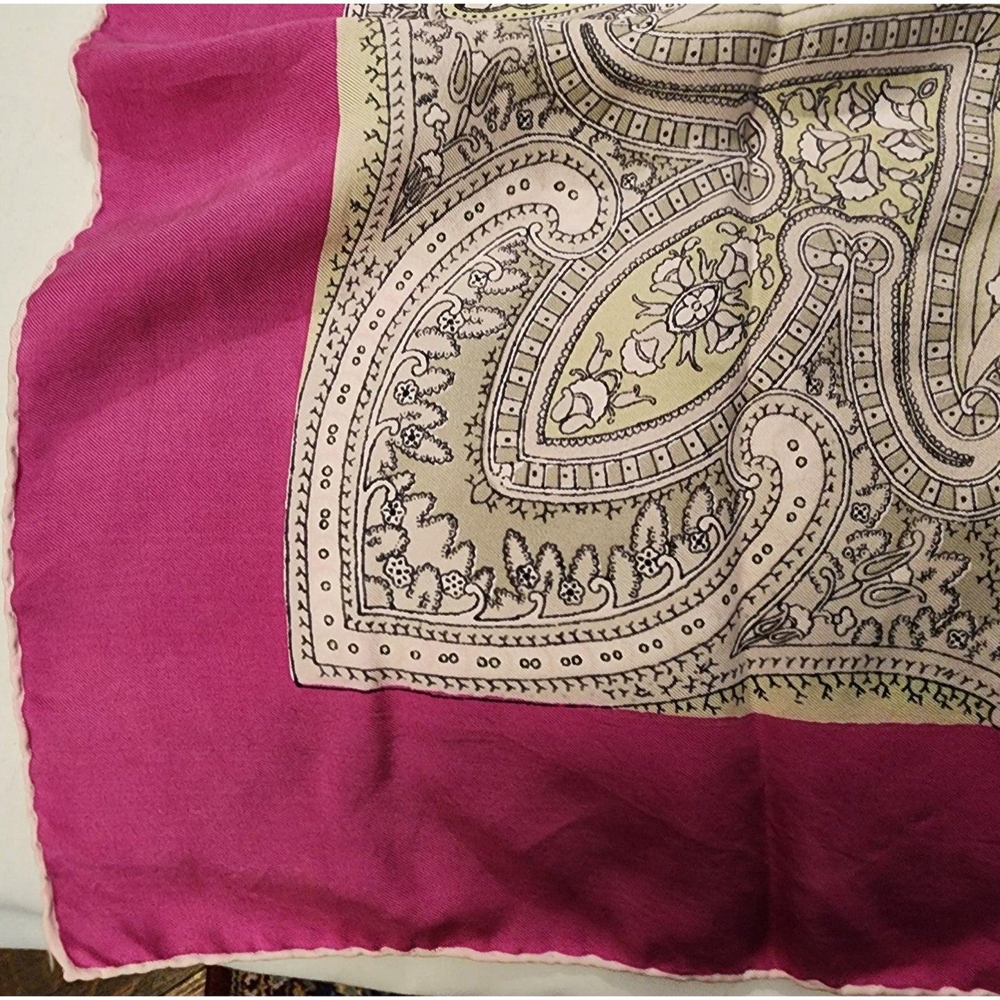 Vintage Silk Scarf 1940s 50s Pink Edge Silk Paisley Medallion Print Scarf Hand Rolled Edges Mid Century Boho 28.5 x 31 in.
