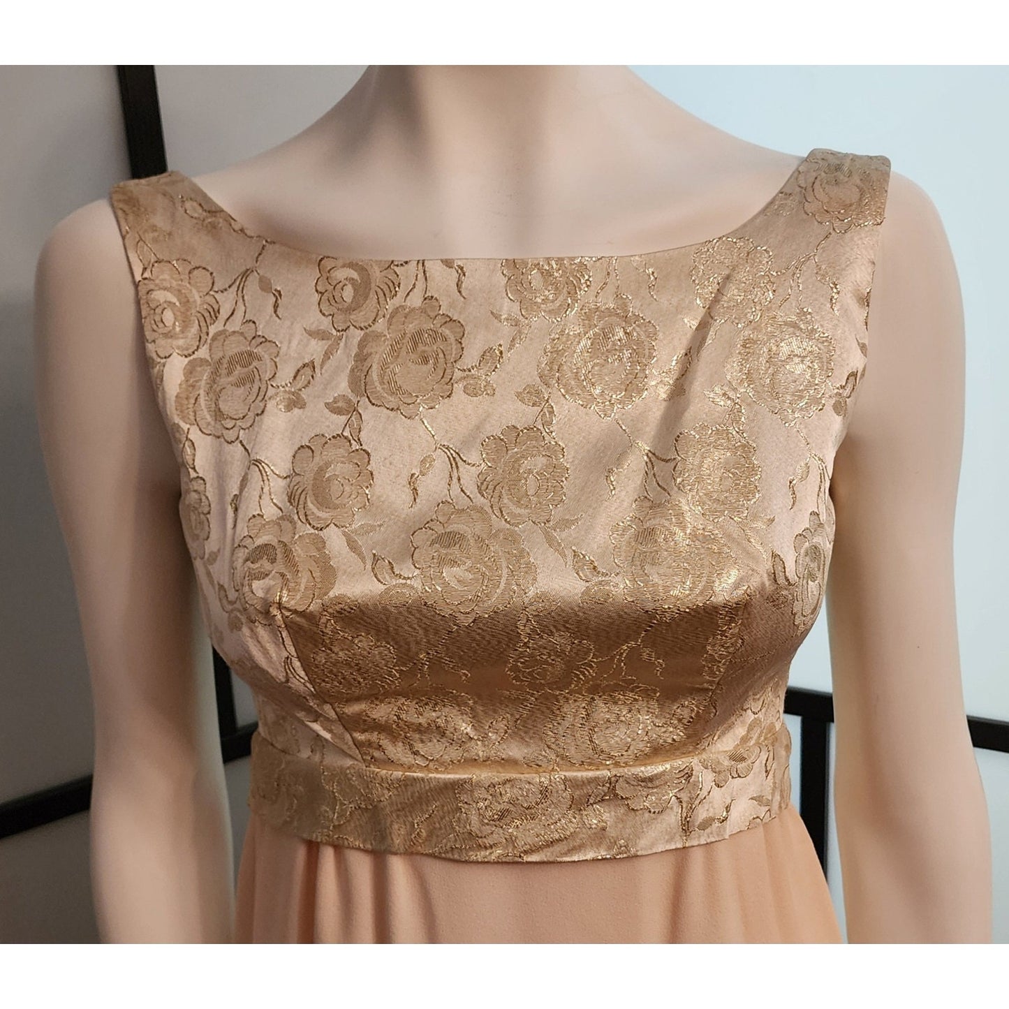 Vintage Long Gown 1960s Gold Metallic Floral Brocade Empire Waist Gown Cream Rayon Crepe Skirt Back Bow Mid Century Glamor S
