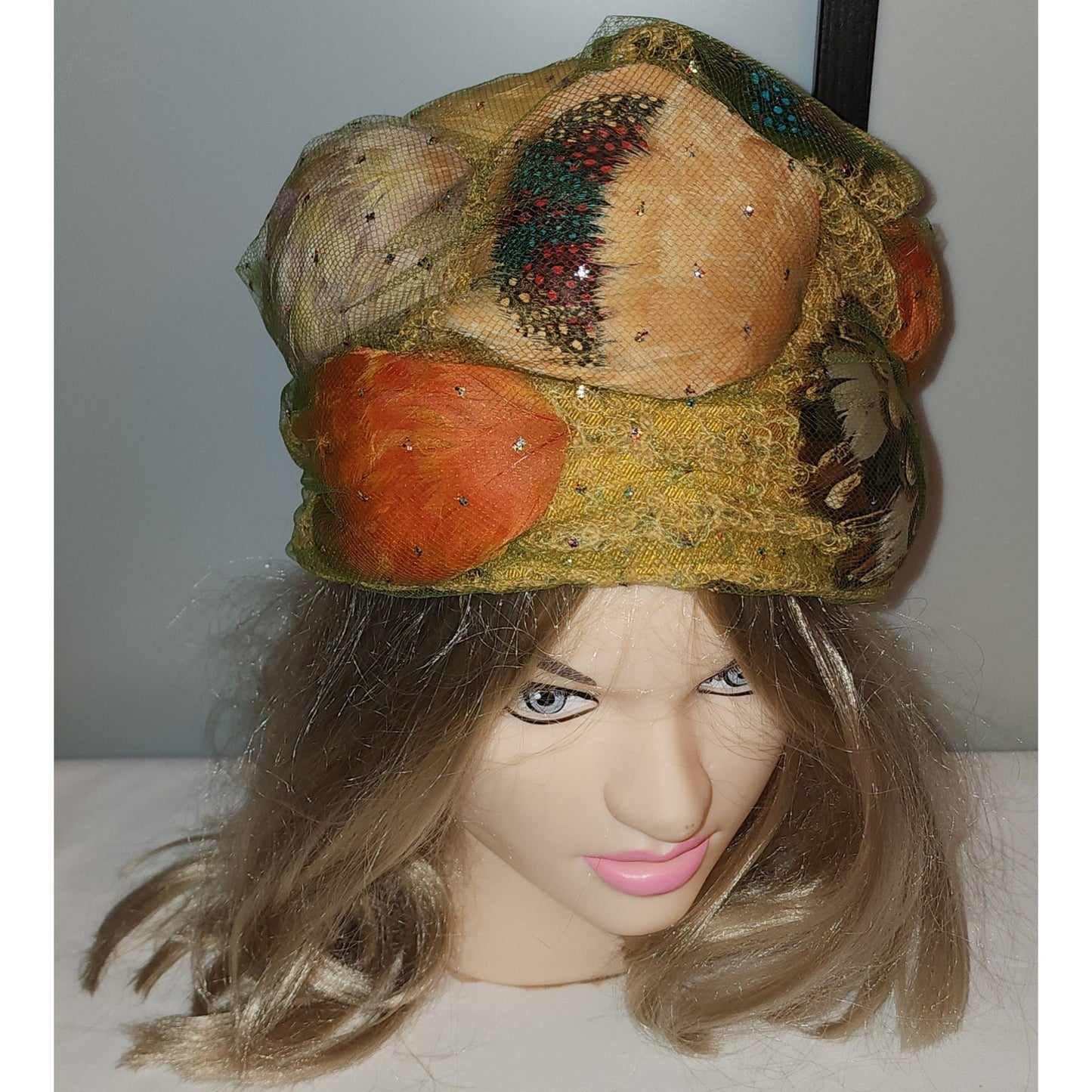 Vintage Bubble Hat 1960s Tall Yellow Green Orange Tulle Net Glitter Feather Turban Hat Coralie Mid Century Mod 22 in.