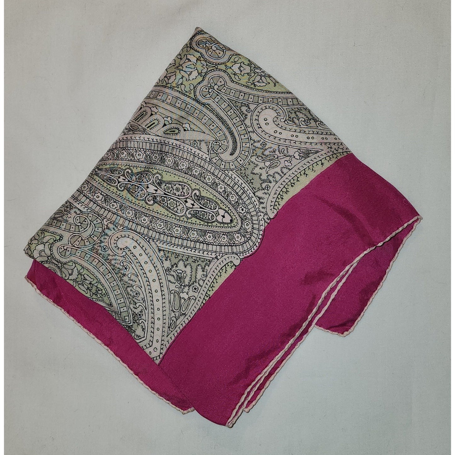 Vintage Silk Scarf 1940s 50s Pink Edge Silk Paisley Medallion Print Scarf Hand Rolled Edges Mid Century Boho 28.5 x 31 in.