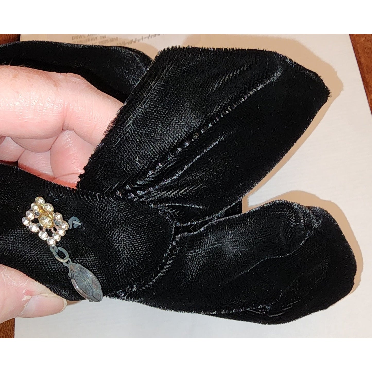 Vintage Velvet Hat 1930s 40s Asymmetric Black Velvet Cocktail Half Hat Rhinestone Loop Ornament Mid Century Art Deco 21 in.