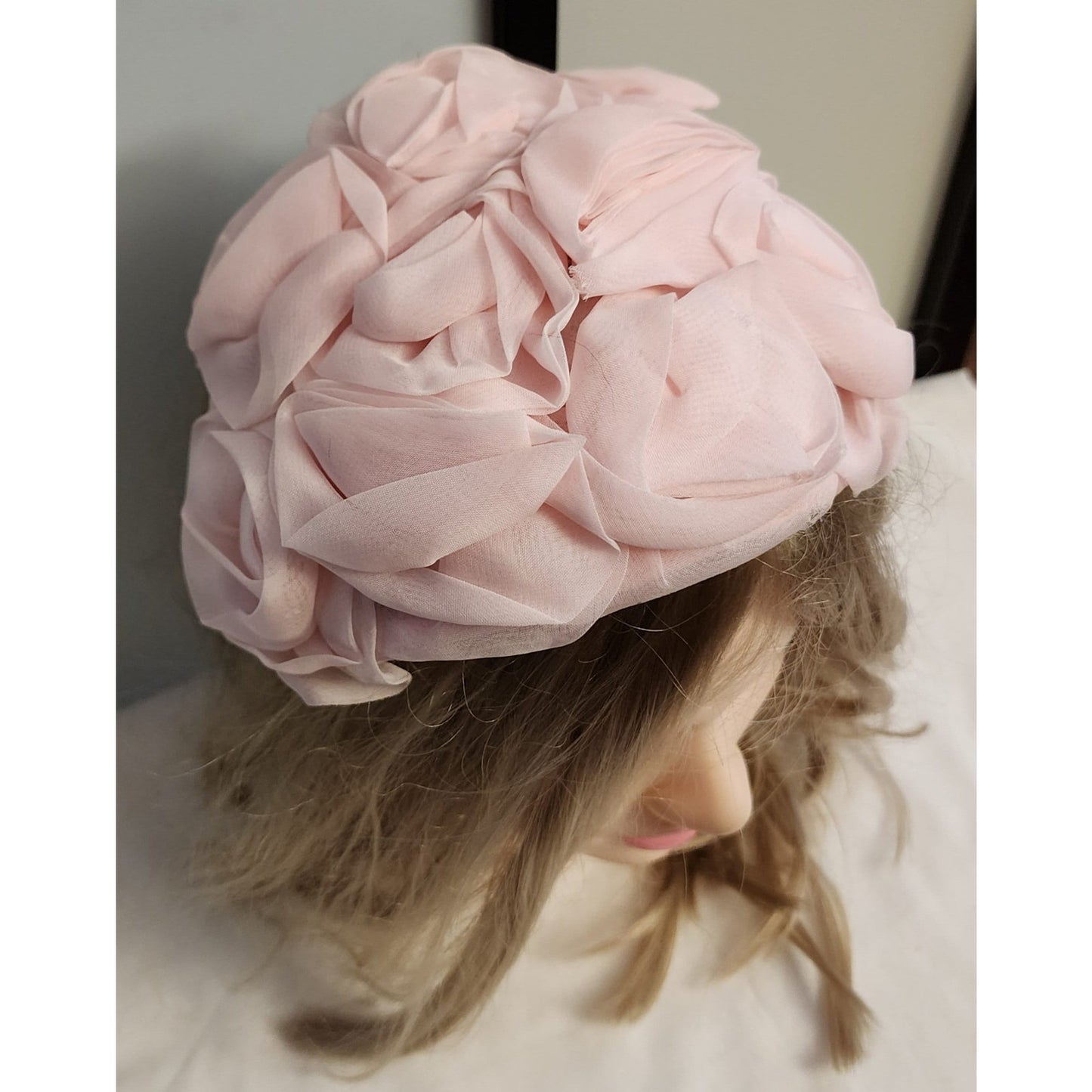 Vintage Floral Hat 1950s Light Pink Nylon Rosette Half Hat Mid Century