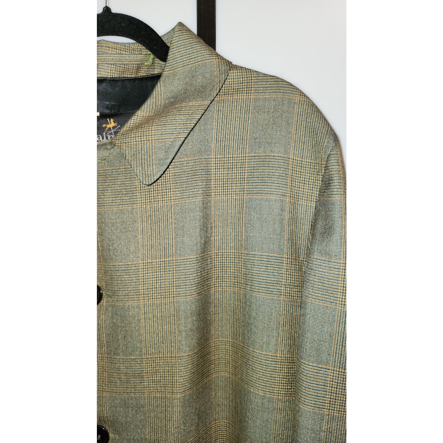 Men's Vintage Coat 1960s Overcoat Topcoat Dark Green Plaid Raincoat Rainfair Mid Century L XL chest 50 in.