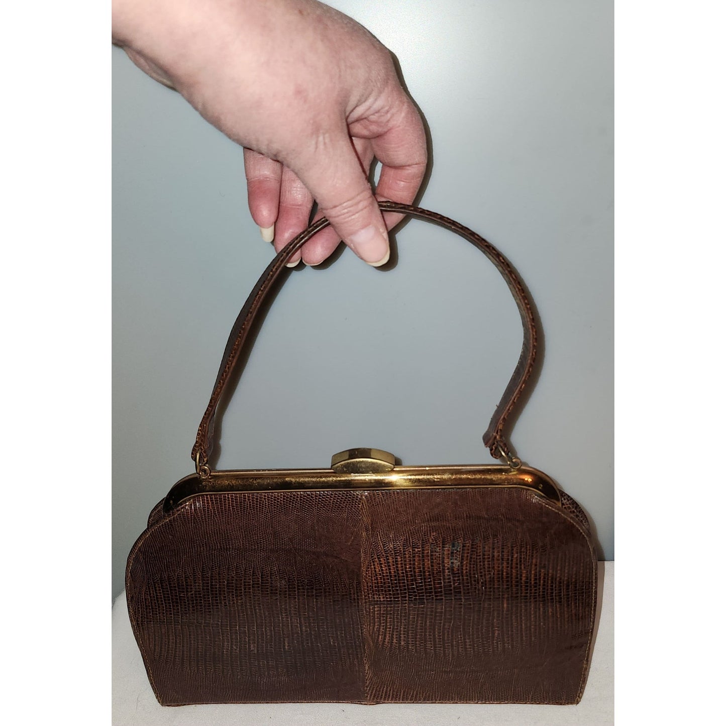 Vintage Shoes Purse Set 1950s Brown Lizard Skin Stiletto Heel Pumps Small Top Handle Purse Mid Century Reptile Skin Set 7 1/2 AAA