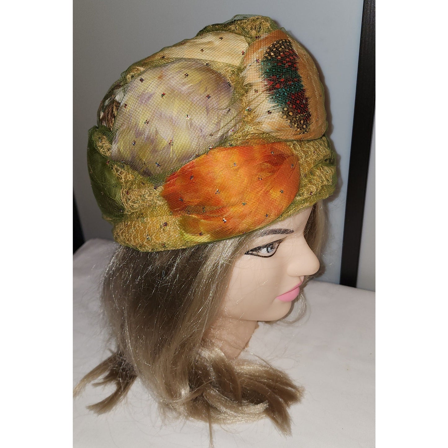 Vintage Bubble Hat 1960s Tall Yellow Green Orange Tulle Net Glitter Feather Turban Hat Coralie Mid Century Mod 22 in.