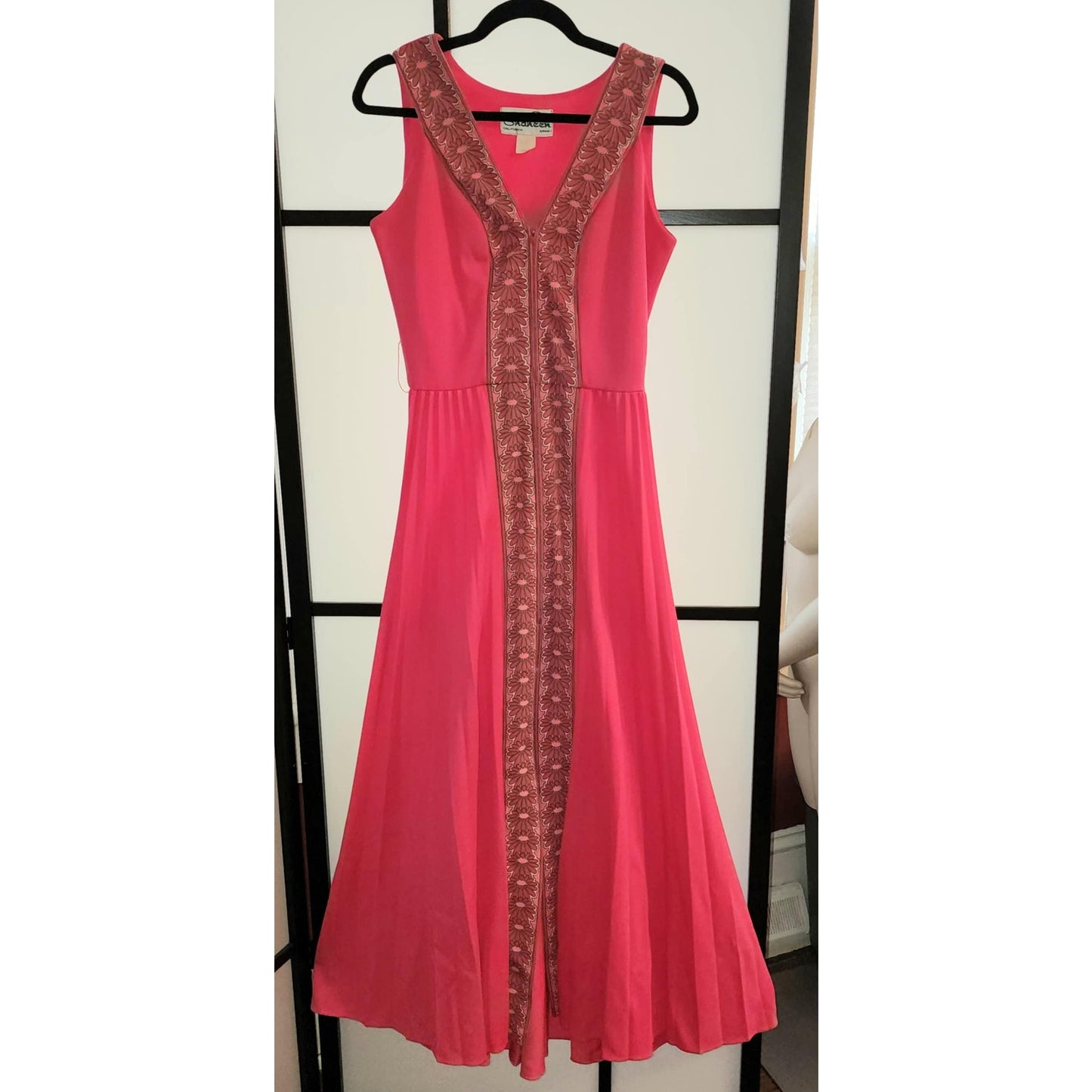 Vintage Shaheen Dress 60s 70s Long Pink Alfreed Shaheen Zip Front Long Gown Floral Screenprint Trim Maxidress Hostess Dress Mid Century M L