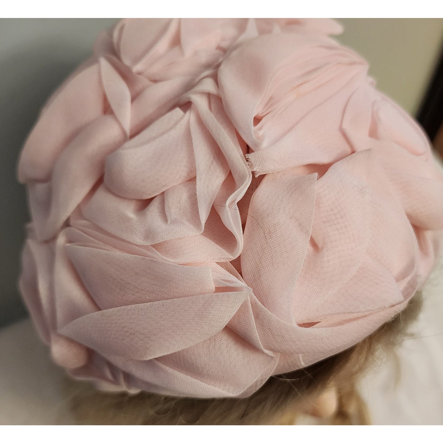 Vintage Floral Hat 1950s Light Pink Nylon Rosette Half Hat Mid Century