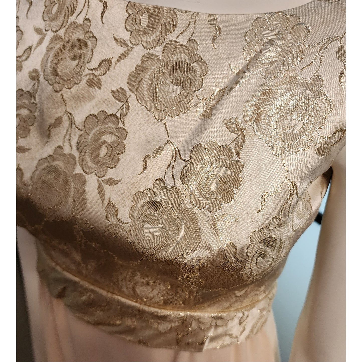 Vintage Long Gown 1960s Gold Metallic Floral Brocade Empire Waist Gown Cream Rayon Crepe Skirt Back Bow Mid Century Glamor S