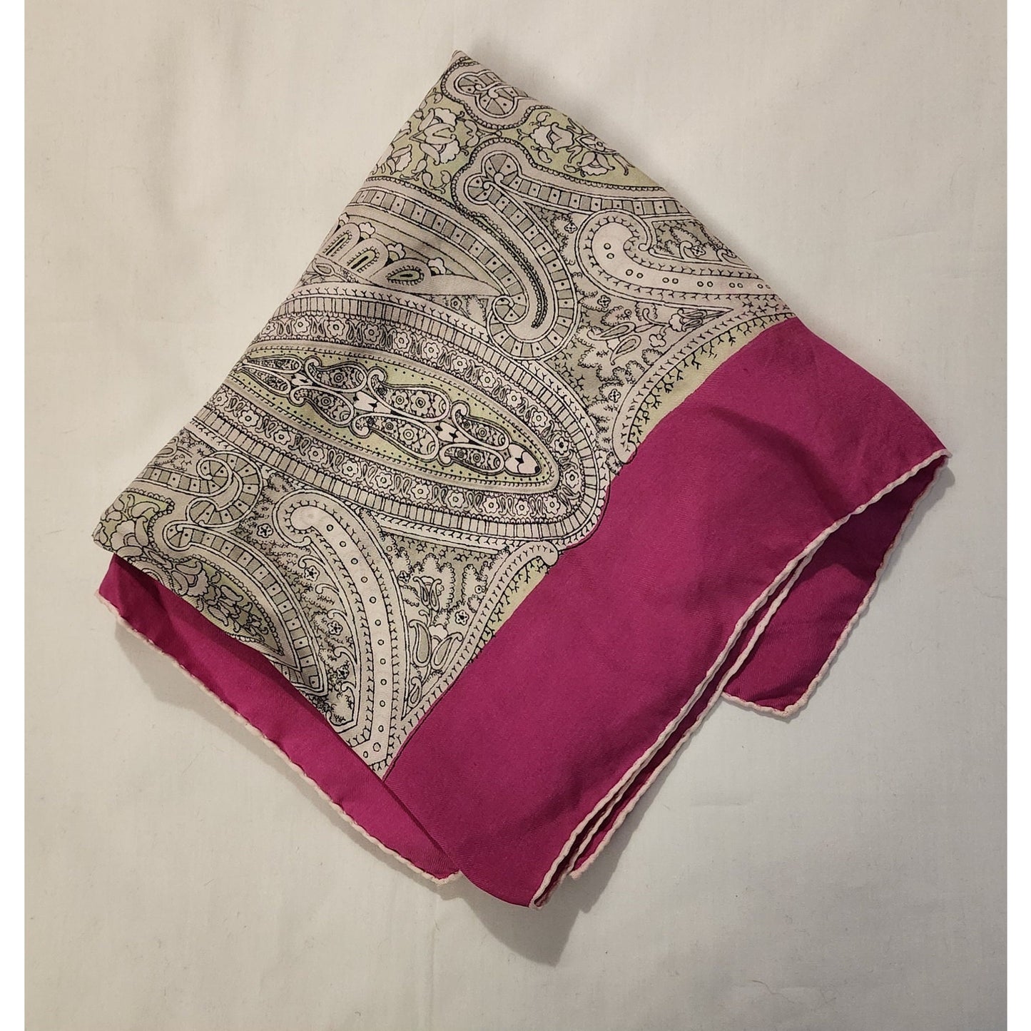 Vintage Silk Scarf 1940s 50s Pink Edge Silk Paisley Medallion Print Scarf Hand Rolled Edges Mid Century Boho 28.5 x 31 in.