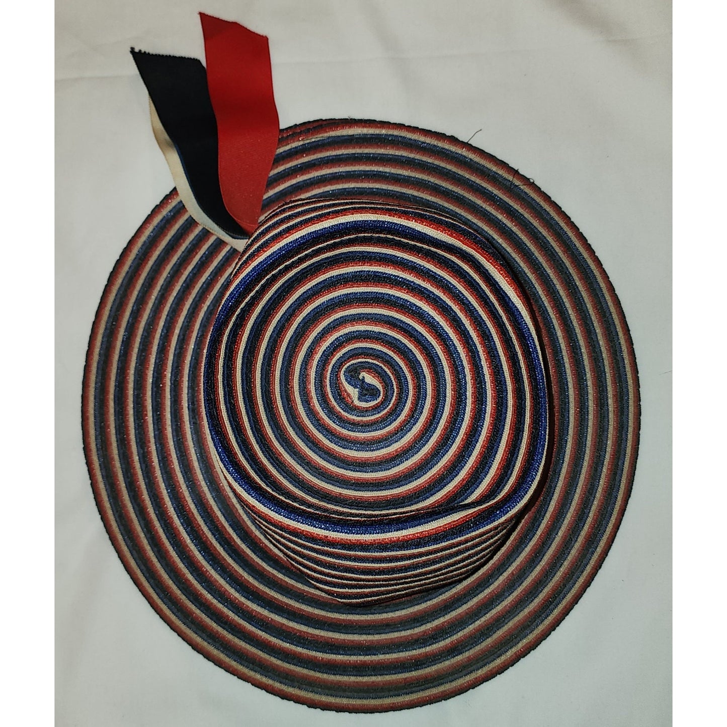 Vintage 1950s 60s Hat Red Beige Blue Striped Wide Brim Straw Hat Sun Hat Ribbons Mr John Mid Century Mod 21.5 in.