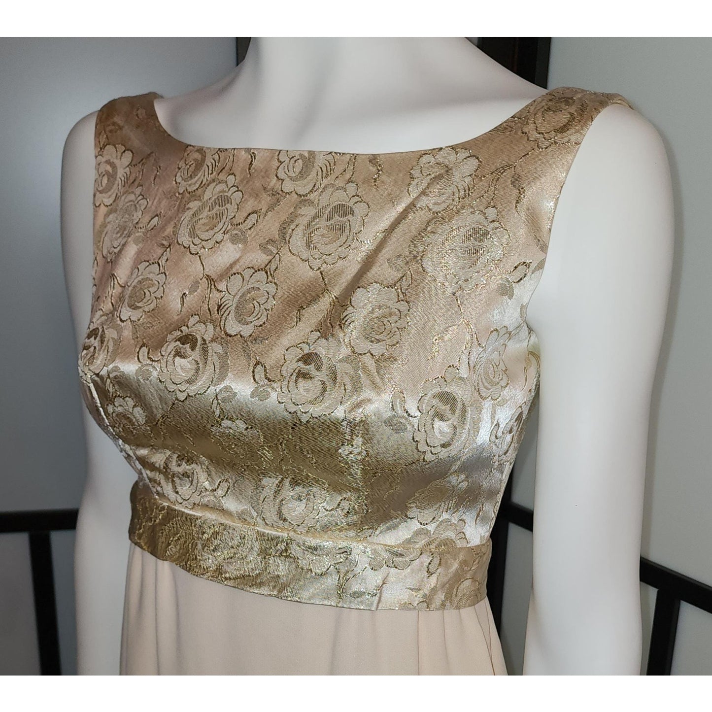 Vintage Long Gown 1960s Gold Metallic Floral Brocade Empire Waist Gown Cream Rayon Crepe Skirt Back Bow Mid Century Glamor S