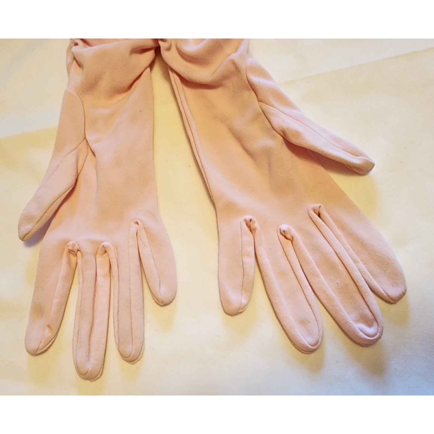 Vintage Pink Gloves 1950s Light Pink Ruched Nylon Fabric Midlength Gloves Mid Century 7 or so