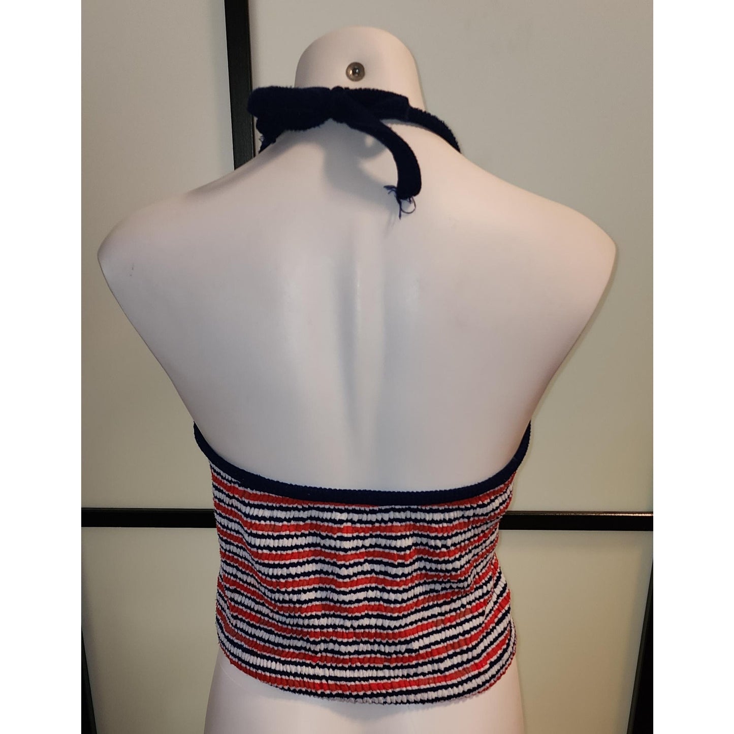 Vintage 1970s Top Red White Blue Striped Stretchy 70s Halter Top Tank Top Tie Around Neck Schooner Patriotic Boho S