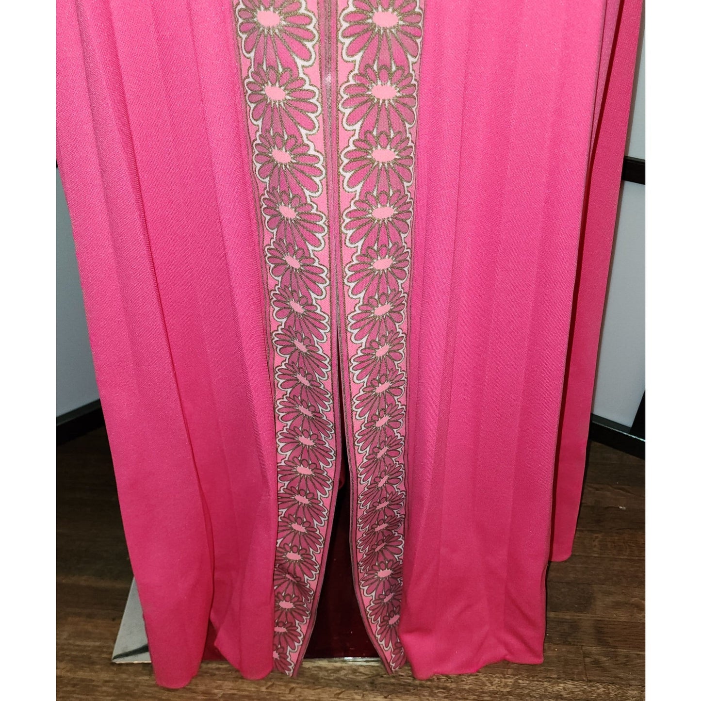 Vintage Shaheen Dress 60s 70s Long Pink Alfreed Shaheen Zip Front Long Gown Floral Screenprint Trim Maxidress Hostess Dress Mid Century M L