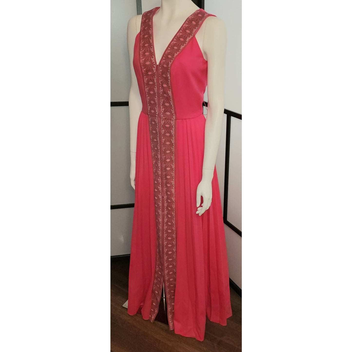 Vintage Shaheen Dress 60s 70s Long Pink Alfreed Shaheen Zip Front Long Gown Floral Screenprint Trim Maxidress Hostess Dress Mid Century M L
