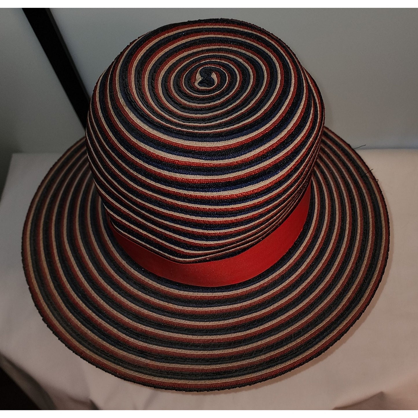 Vintage 1950s 60s Hat Red Beige Blue Striped Wide Brim Straw Hat Sun Hat Ribbons Mr John Mid Century Mod 21.5 in.