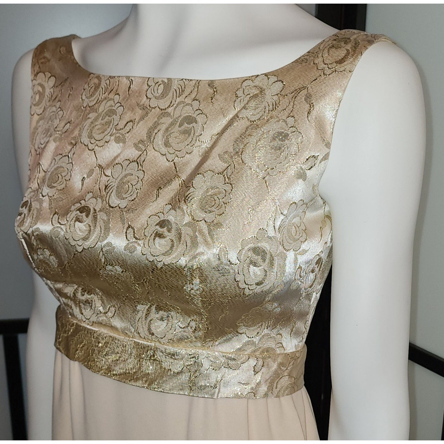 Vintage Long Gown 1960s Gold Metallic Floral Brocade Empire Waist Gown Cream Rayon Crepe Skirt Back Bow Mid Century Glamor S