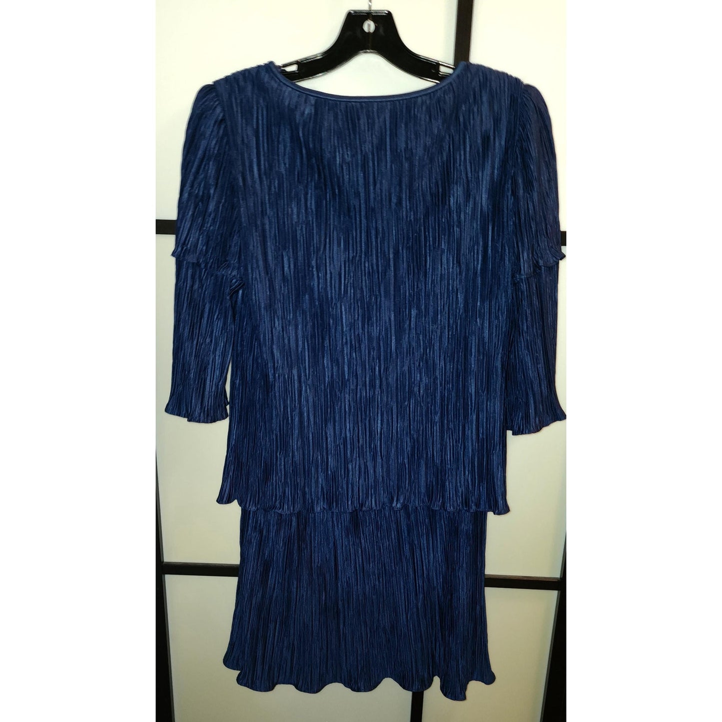 Vintage Evening Dress 1980s Dark Blue Micro Pleat Tiered Flapper Style Cocktail Dress Huge Beaded Ornament After Dark M